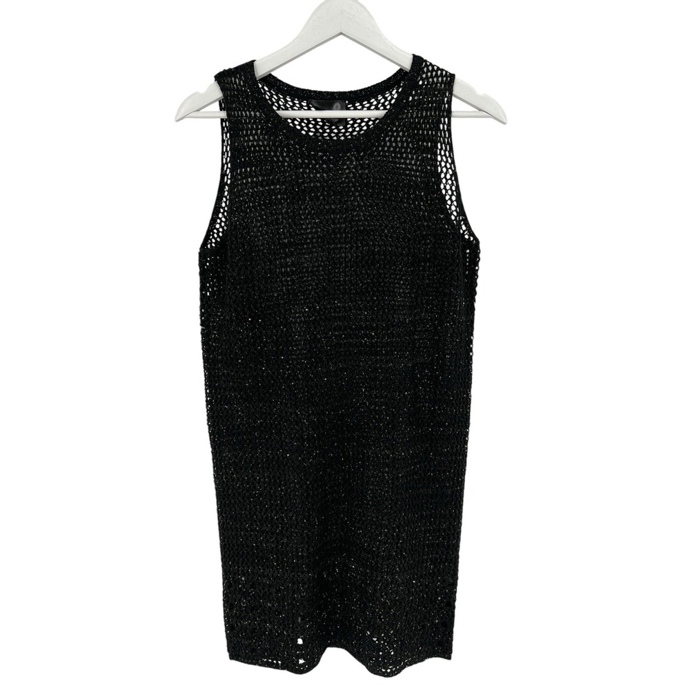Line & Dot Sweater Dress Cover Up Black Shimmer Crochet Sleeveless Eyelet Size L